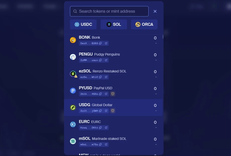 Поддерживаемые токены и торговые пары Orca