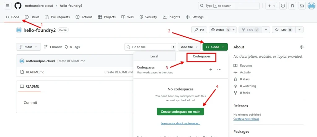 Жмем Code - Codespaces - Create codespace on main