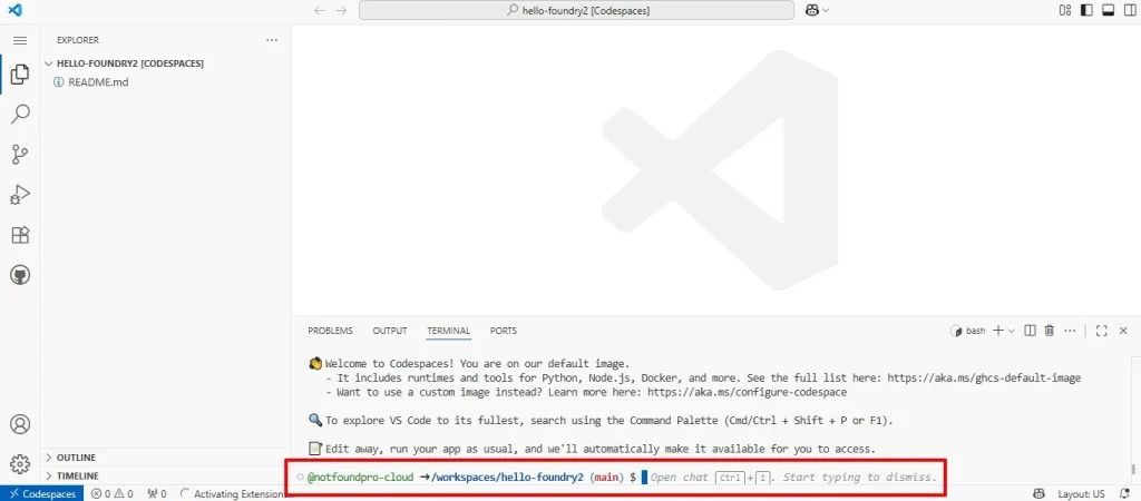 Дождаться открытия VS Code в браузере - Terminal - New Terminal