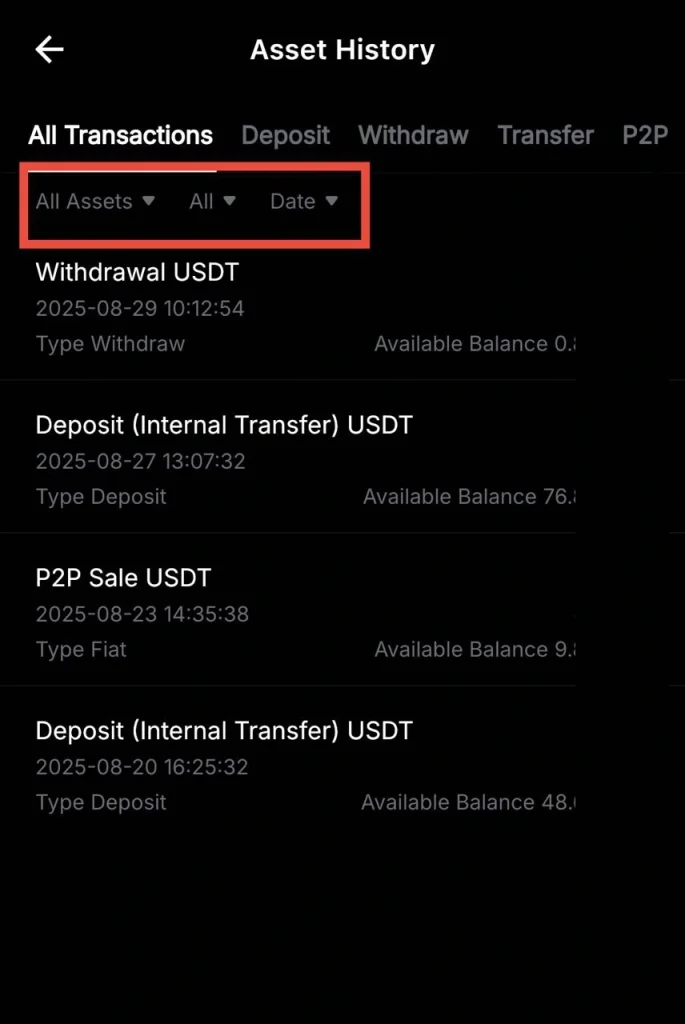 Фильры в истории транзакций  bybit